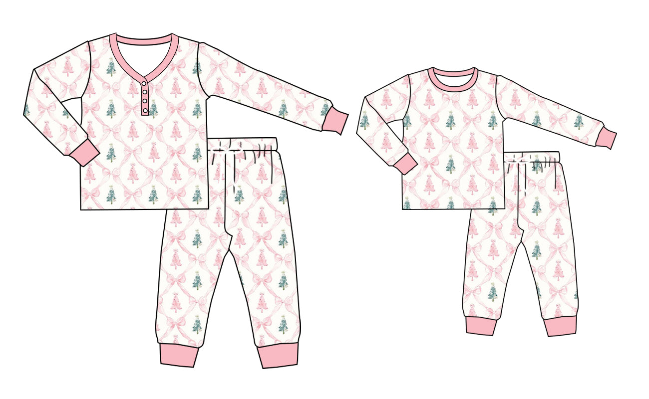 25.5.20 custom each style moq 5eta 4-6week Sibling Sister Christmas bow trees long sleeve pants sets and adult sets match design