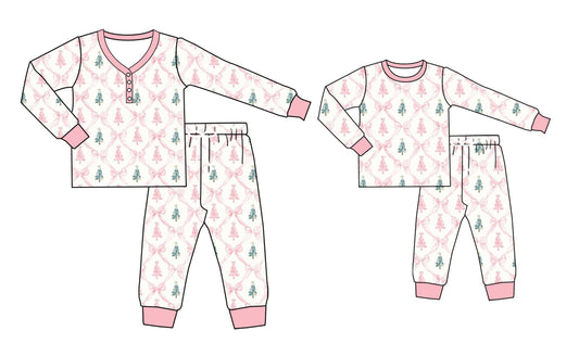 25.5.20 custom each style moq 5eta 4-6week Sibling Sister Christmas bow trees long sleeve pants sets and adult sets match design
