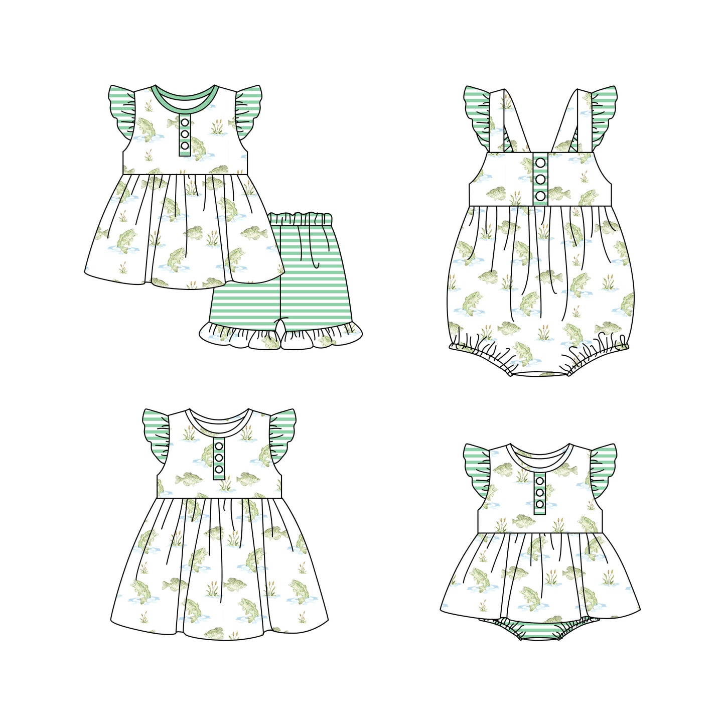 11.16 custom each style moq 5eta 4-6week Sibling Sister fish green baby girl short sleeve shorts sets and girls romper and boy romper and dress match design