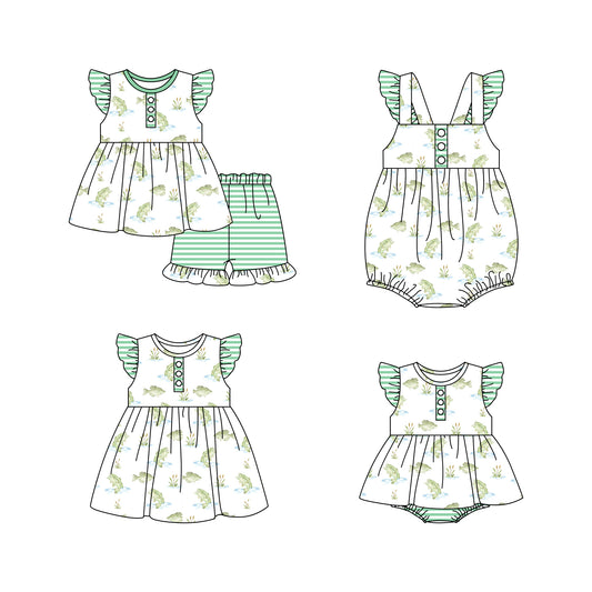 11.16 custom each style moq 5eta 4-6week Sibling Sister fish green baby girl short sleeve shorts sets and girls romper and boy romper and dress match design