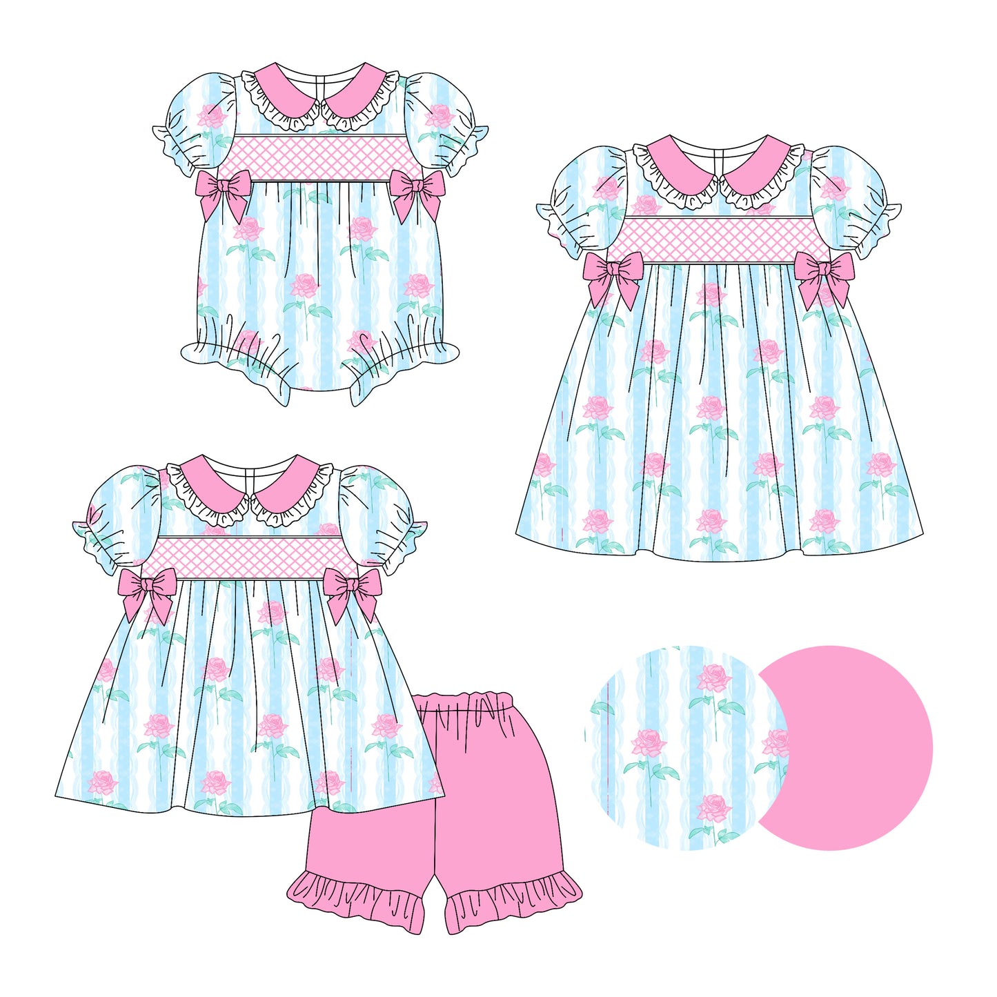 3.14 custom each style moq 5eta 4-6week Sibling Sisters floral baby girl short sleeve shorts sets and dress and rompers match family design