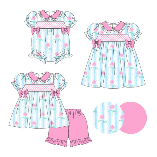 3.14 custom each style moq 5eta 4-6week Sibling Sisters floral baby girl short sleeve shorts sets and dress and rompers match family design