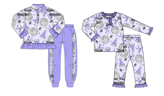 25.8.27 custom each style moq 5 eta 4-6week Sibling Sisters bow purple baby girl long sleeve pants sets 2