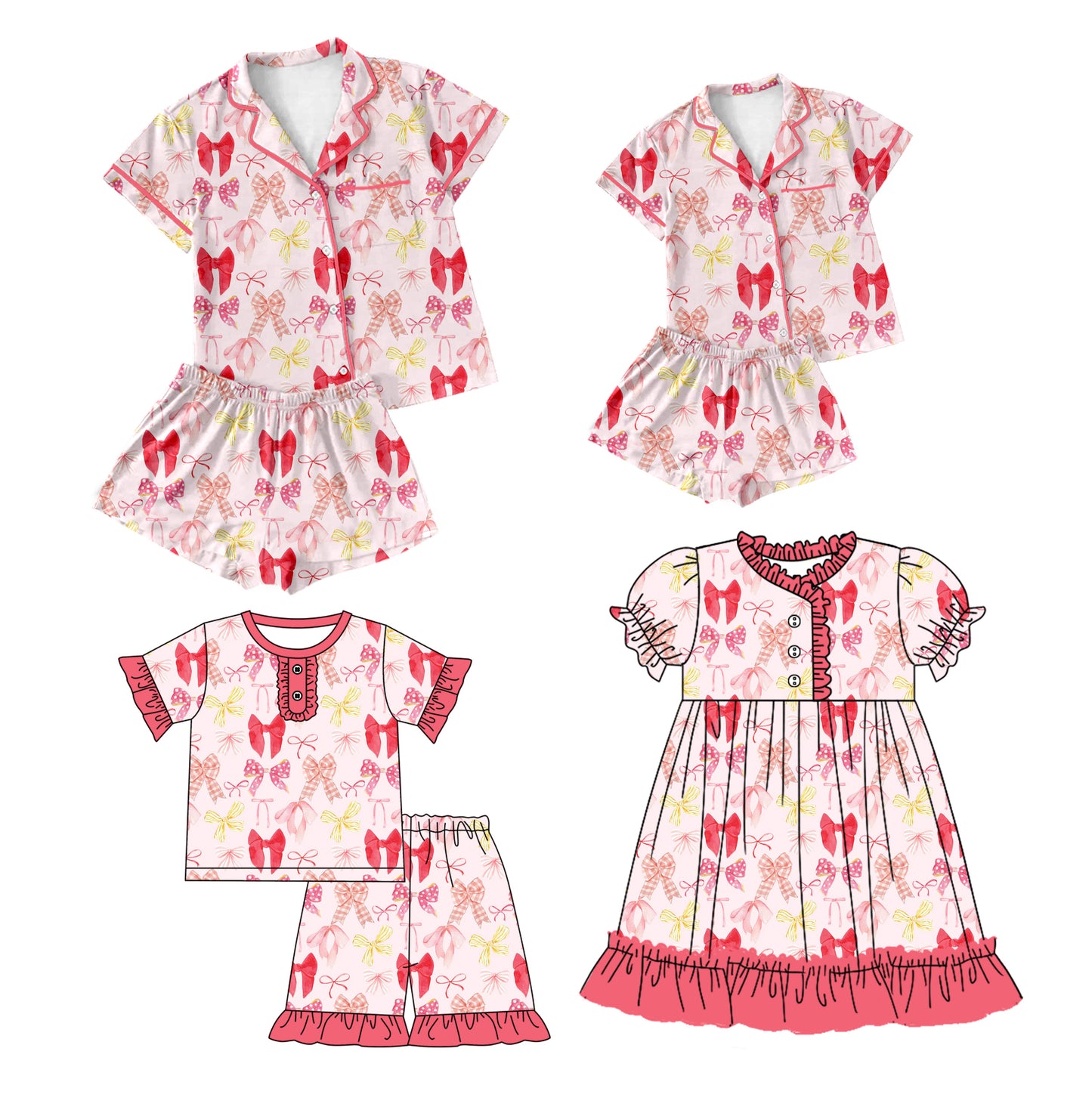 12.11 custom each style moq 5eta 4-6week Sibling Sister bow baby girls short sleeve shorts sets and adult sets and girls sets and dress match design
