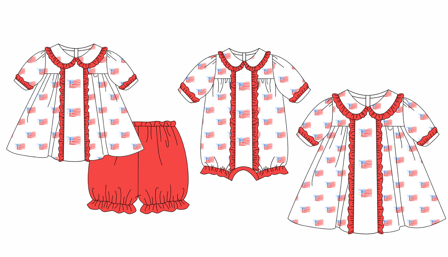 11.25 custom each style moq 5eta 4-6week Sibling Sister 4th of july baby girl short sleeve shorts sets and dress and rompers match family design