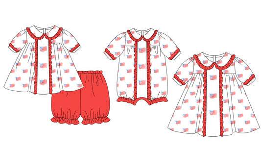 11.25 custom each style moq 5eta 4-6week Sibling Sister 4th of july baby girl short sleeve shorts sets and dress and rompers match family design