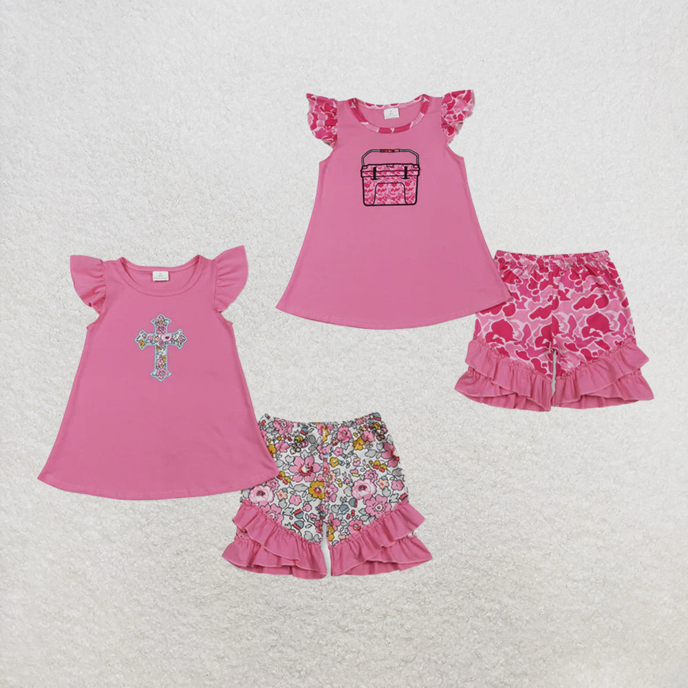 RTS NO MOQ Sibling Baby Girls  Embroidery Camo Boxes Top Shorts Hunting Clothes Set Rompers