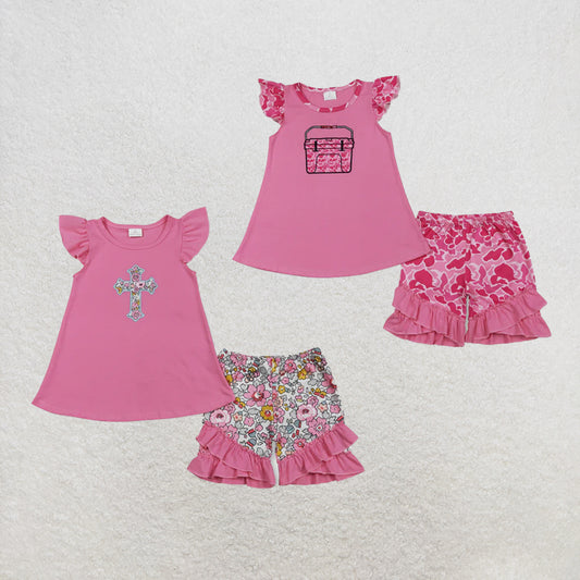RTS NO MOQ Sibling Baby Girls  Embroidery Camo Boxes Top Shorts Hunting Clothes Set Rompers