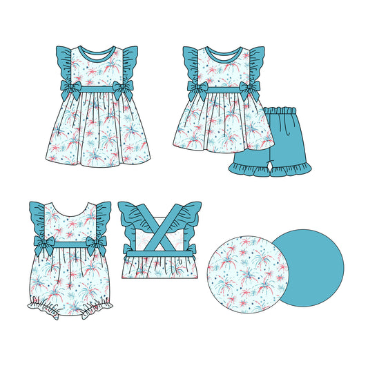 3.27 custom each style moq 5eta 4-6week Sibling Sisters firework baby girl short sleeve shorts sets and dress and rompers match family design