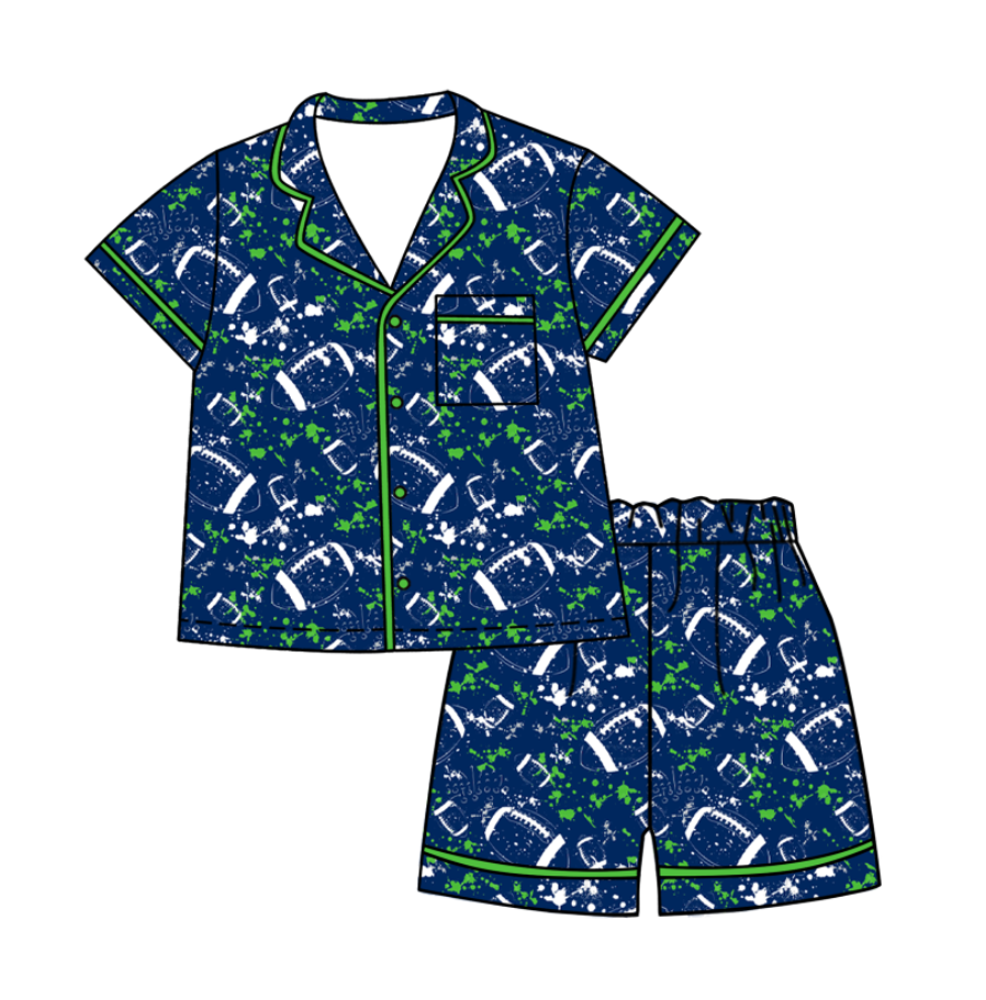 Custom moq 5 mix size milk silk summer teams Baby Girls Football Button Pocket Top Short Pajamas Sets Cute Infant Sleepwear