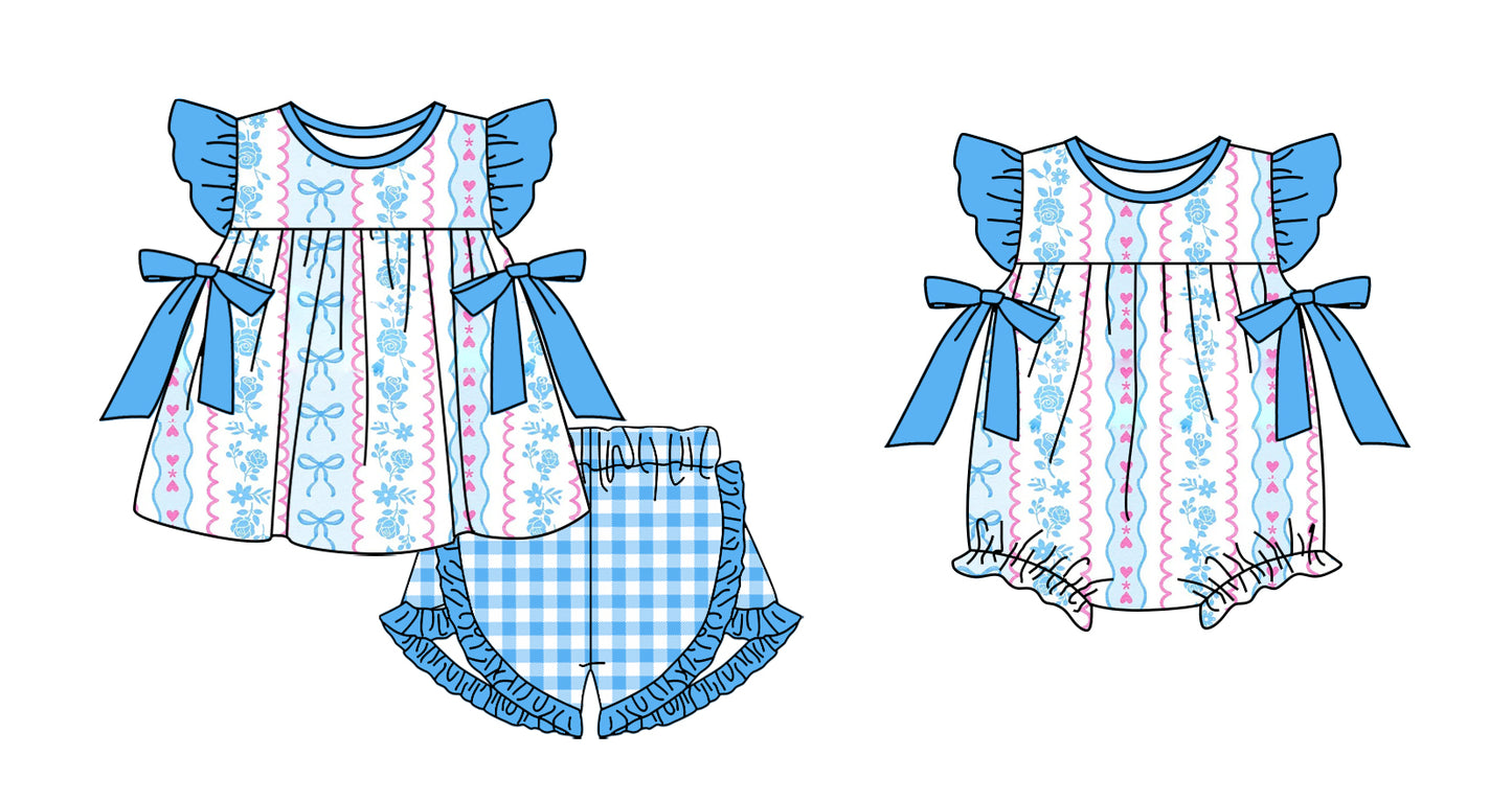 25.12.13 custom each style moq 5 eta 6-8week Sibling Sister floral love baby girl short sleeve shorts sets and romper match design