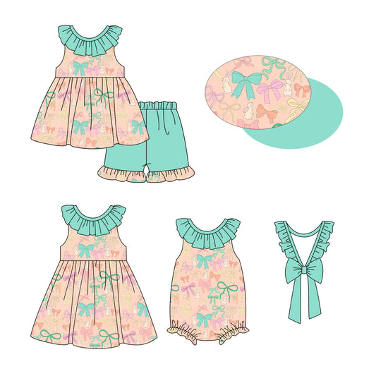 25.9.13 custom each style moq 5eta 6-8week Sibling Sisters bow baby girl short sleeve shorts sets and dress and rompers match family design