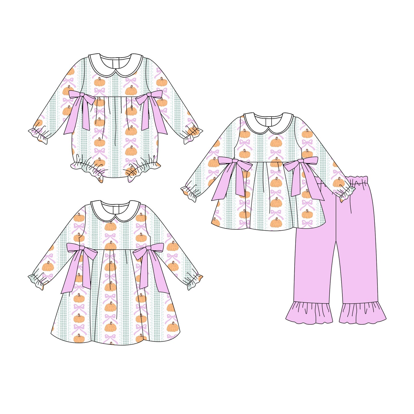 25.7.1 custom each style moq 5eta 4-6week Sibling Sisters pumpkin bow baby girl long sleeve pants sets and dress and rompers match family design
