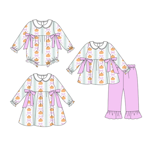 25.7.1 custom each style moq 5eta 4-6week Sibling Sisters pumpkin bow baby girl long sleeve pants sets and dress and rompers match family design