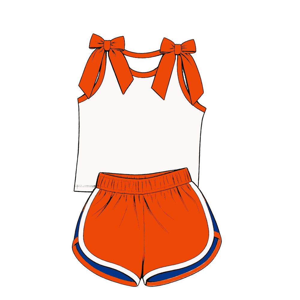 custom moq 5 mix size Baby Girls Bow Sleeveless Orange Top Shorts Summer Casual Clothes Set
