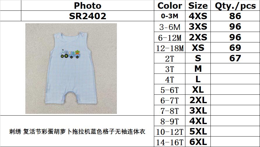 RTS NO MOQ ETA 5/7days arrived SR2402 Embroidered Easter egg carrot tractor blue plaid sleeveless jumpsuit