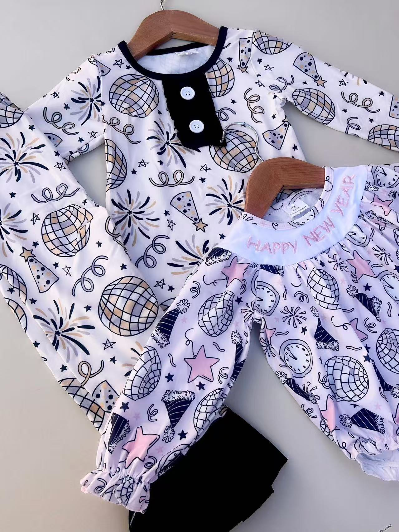 12/18m-7/8t RTS NO MOQ Sibling Baby girl clothes happy new year long-sleeved trousers suit and romper