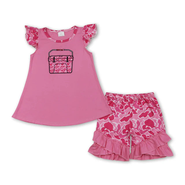 RTS NO MOQ Sibling Baby Girls  Embroidery Camo Boxes Top Shorts Hunting Clothes Set Rompers