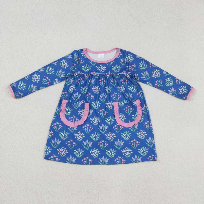 RTS Sibling baby girls clothes floral blue long Sleeve dress and skirts sets