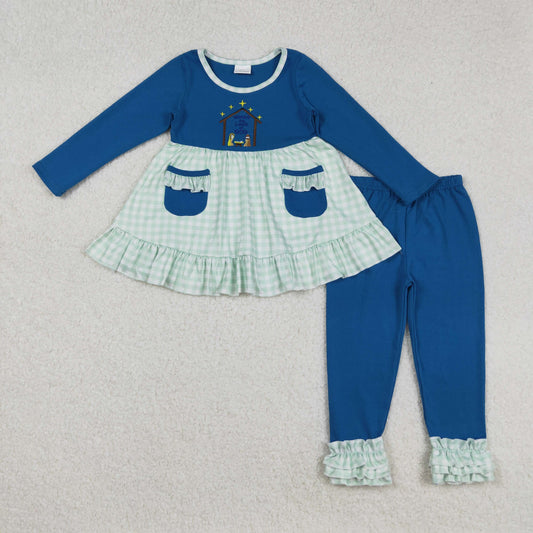 RTS NO MOQ（In Stock) GLP2625 Embroidered Jesus green plaid lace pocket blue long-sleeved trouser suit