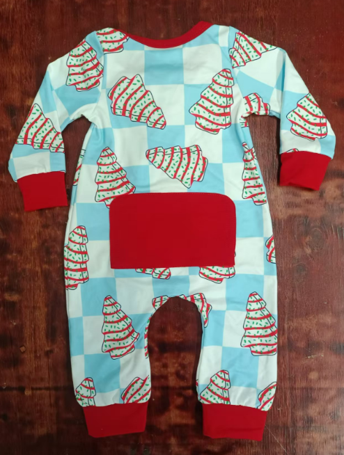 Custom moq 3 eta 6-7weeks Wooden red striped Christmas tree pattern sky blue plaid long romper