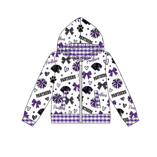 custom moq 5 mix size MNMD0101 Baby Girls Purple Bow Print Zip Up Hooded Jacket Ruffle Trim Hoodie Coat