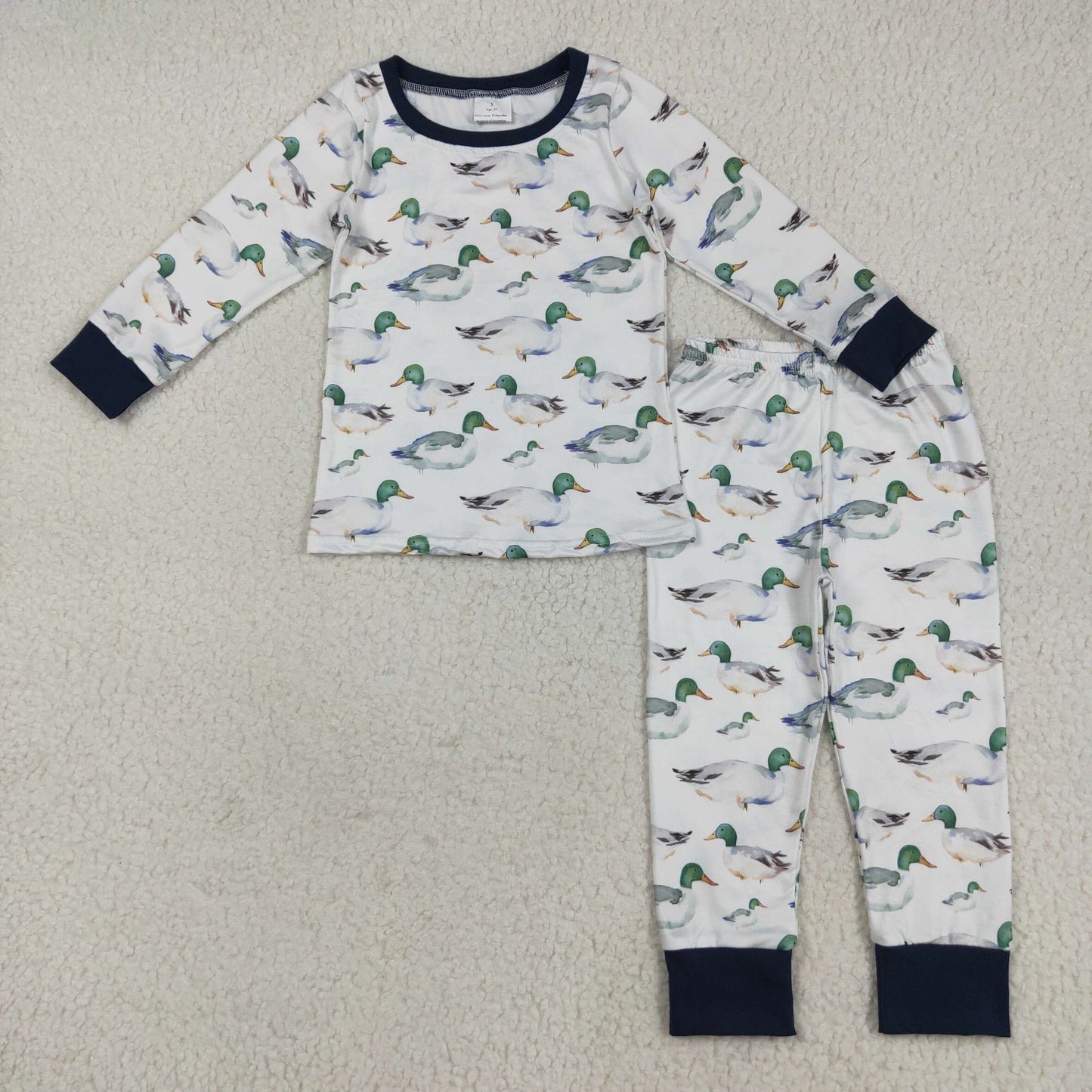 RTS NO MOQ（In Stock) Duck blue and white long sleeve long pants pajama set