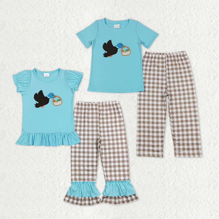 RTS NO MOQ Sibling baby girl boy clothes Embroidered easter duck short-sleeved pants sets