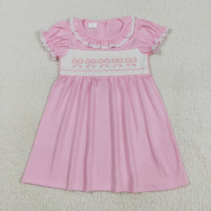 RTS Sibling baby girls clothes embrodiery bow floral short sleeve dresses