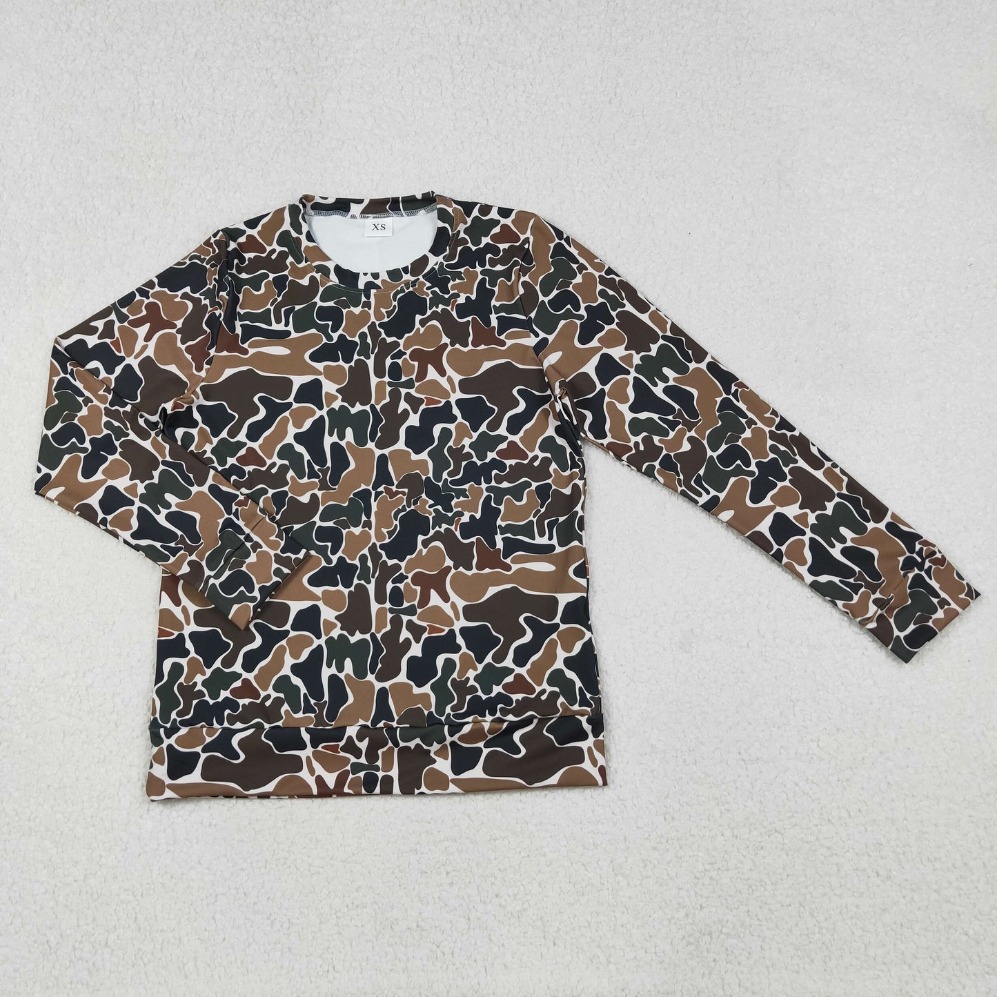 RTS NO MOQ（In Stock) Women's brown, green, and beige camouflage long-sleeved yoga top