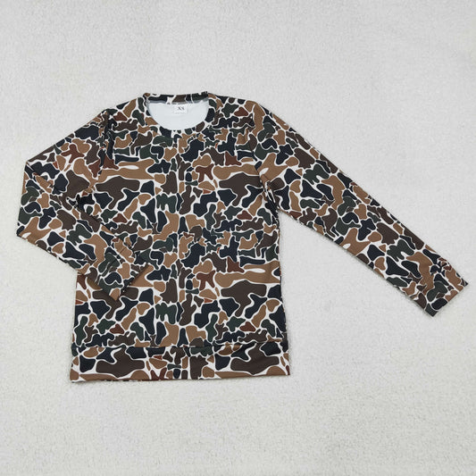 RTS NO MOQ（In Stock) Women's brown, green, and beige camouflage long-sleeved yoga top