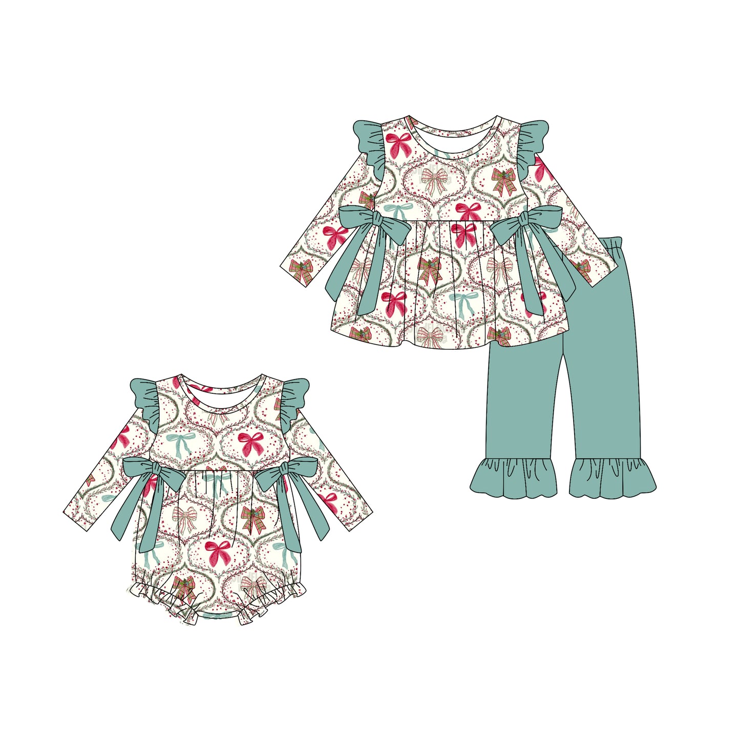 25.6.2 custom each style moq 5eta 4-6week Sibling Sisters Christmas bow baby girl long sleeve pants sets and rompers match family design