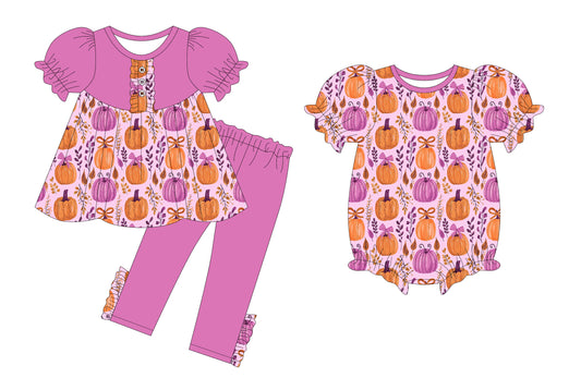 25.5.29 custom each style moq 5eta 4-6week Sibling Sister pumpkin bow floral baby girl pants sets and dress match family design