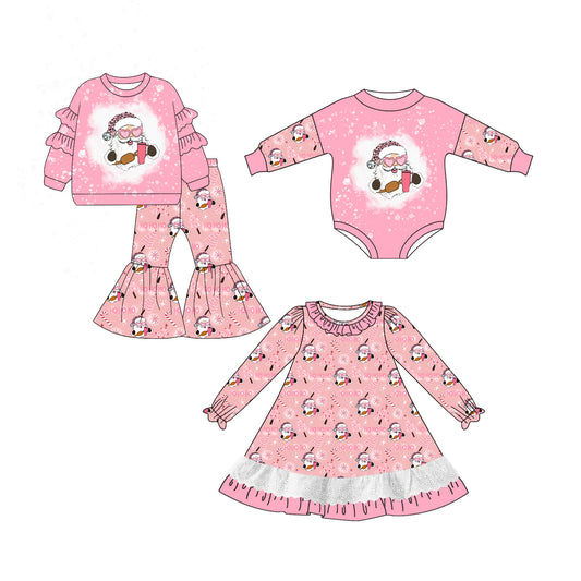 25.7.1 custom each style moq 5eta 4-6week Sibling Sisters Christmas pink baby girl long sleeve pants sets and dress and rompers match family design