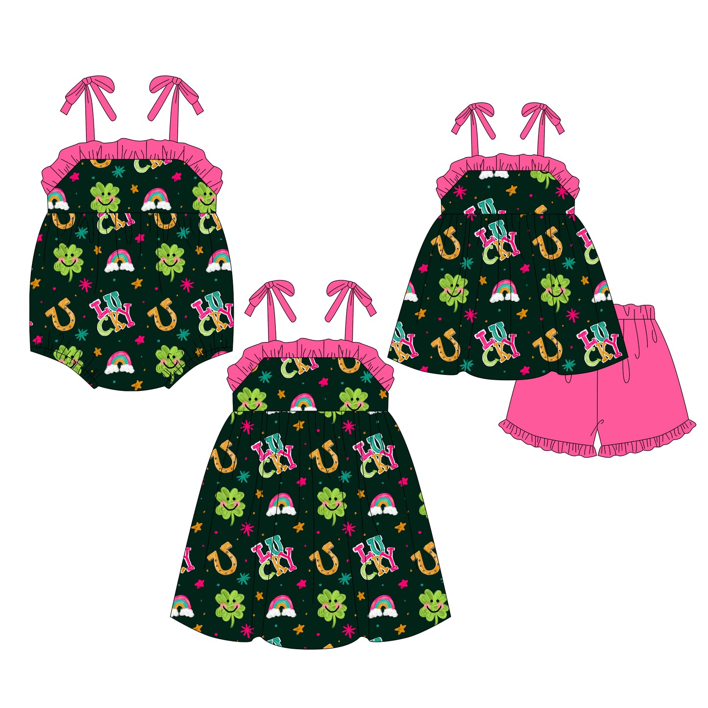 12.7 custom each style moq 5eta 4-6week Sibling Sister rainbow baby girl short sleeve shorts sets and dress and rompers match family design