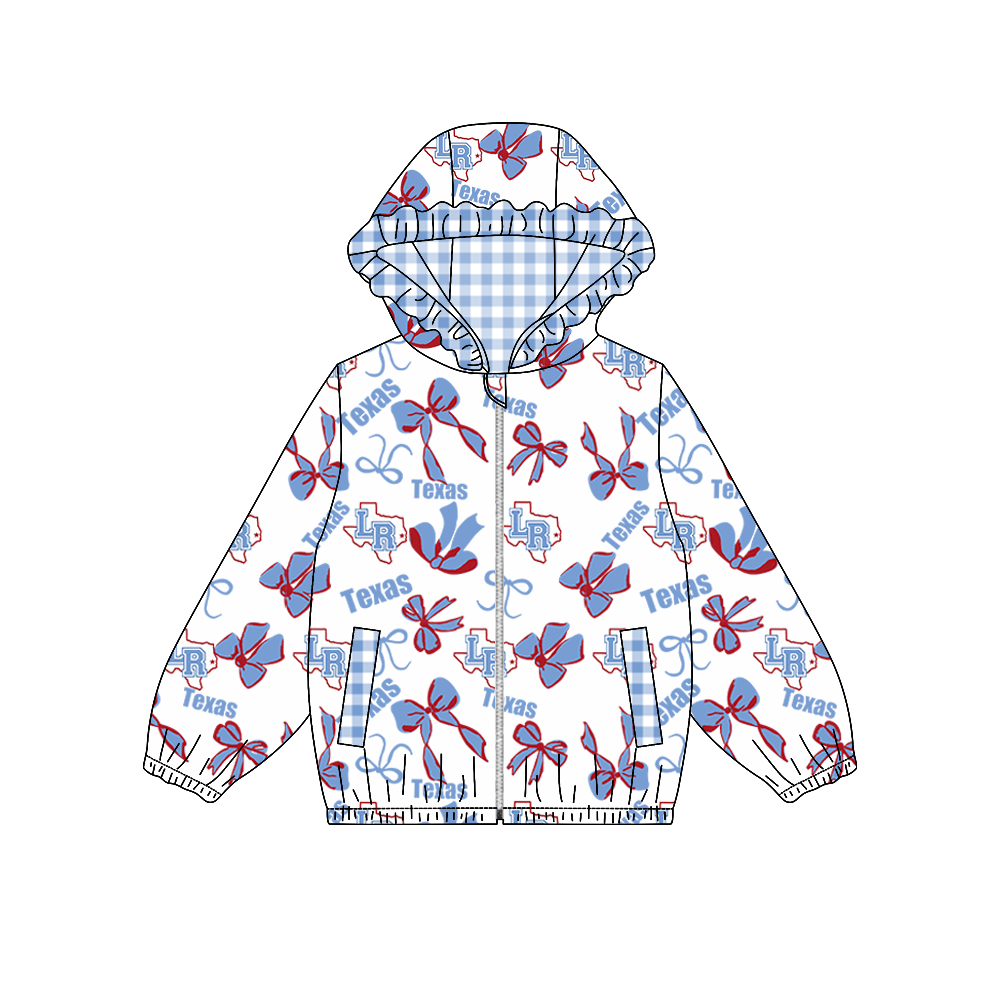 custom moq 5 mix size MSD071110 Baby Girls Team Bow Print Long Sleeve Zipper Hooded Jacket Tops