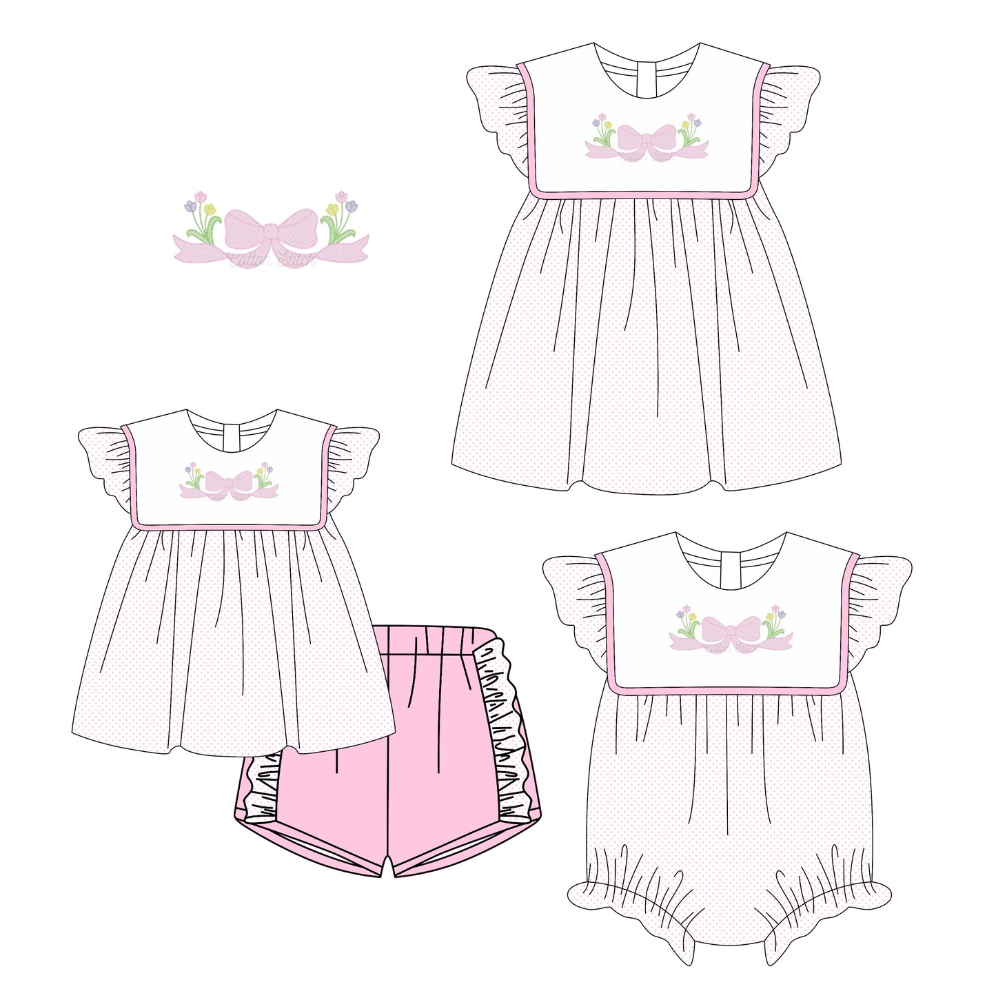3.6 custom each style moq 5eta 4-6week Sibling Sisters floral bow baby girl short sleeve shorts sets and dress and rompers match family design