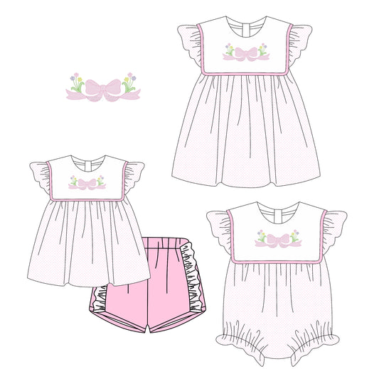 3.6 custom each style moq 5eta 4-6week Sibling Sisters floral bow baby girl short sleeve shorts sets and dress and rompers match family design