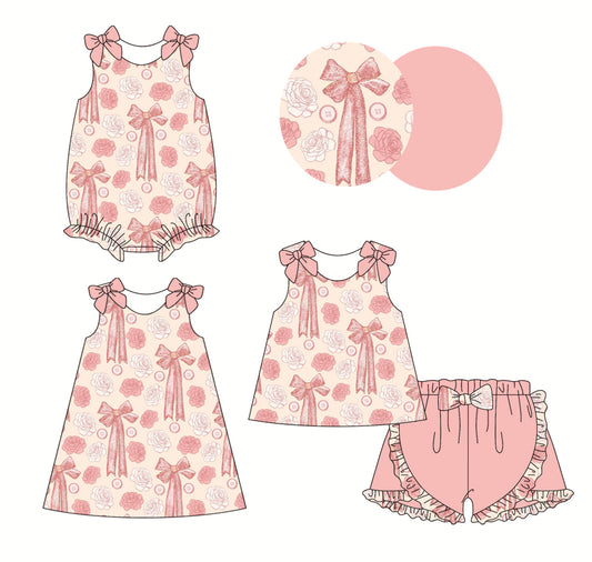 2.22 custom each style moq 5eta 4-6week Sibling Sisters bow floral baby girl short sleeve shorts sets and dress and rompers match family design