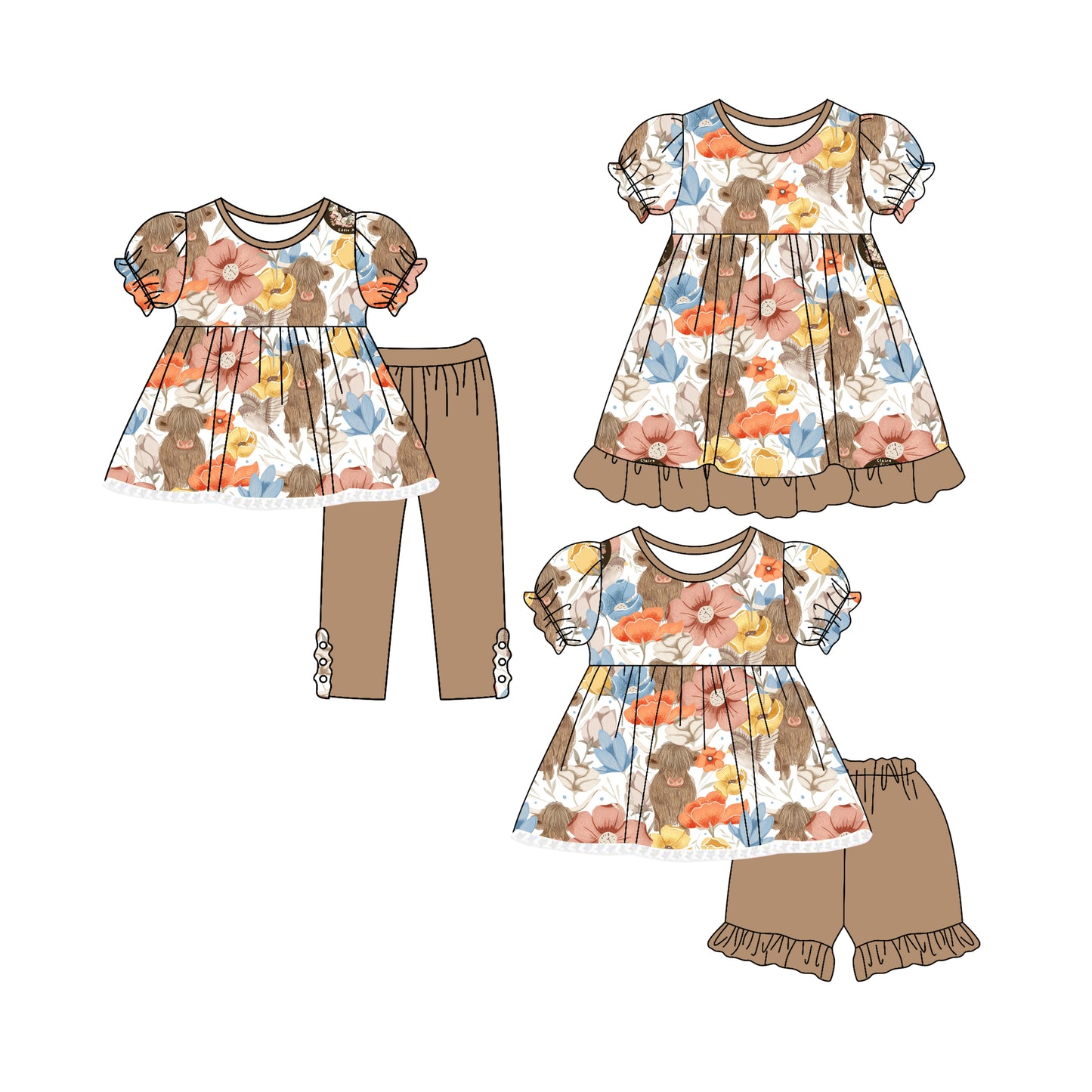 4.4 custom each style moq 5eta 4-6week Sibling Sisters floral baby girl short sleeve pants sets and shorts sets and dress match family design