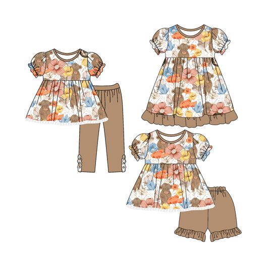 4.4 custom each style moq 5eta 4-6week Sibling Sisters floral baby girl short sleeve pants sets and shorts sets and dress match family design
