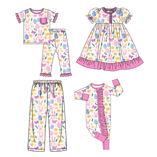 25.9.25 custom each style moq 8 eta 6-8week Sibling Sister easter baby short sleeve pants sets and romper and dress and adult pants match design