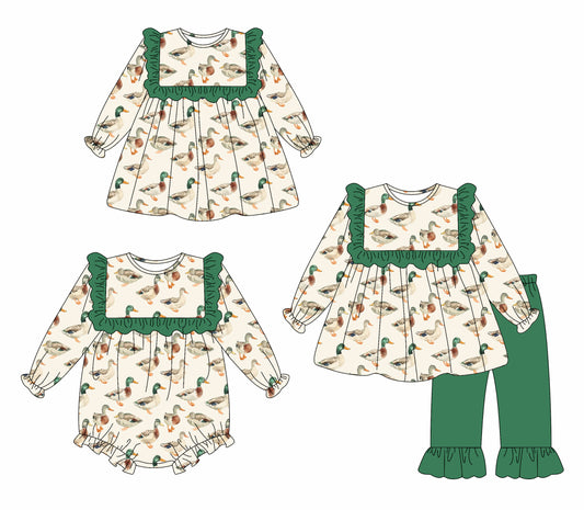 25.6.23 custom each style moq 5eta 4-6week Sibling Sisters duck baby girl long sleeve pants sets and dress and rompers match family design
