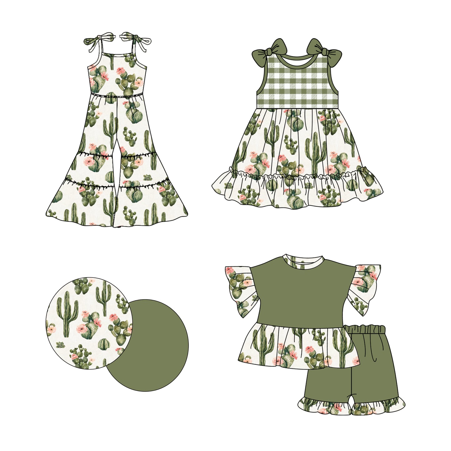 2.19 custom each style moq 5eta 4-6week Sibling Sister catcus baby girl sets and dress and jumpsuit match family design