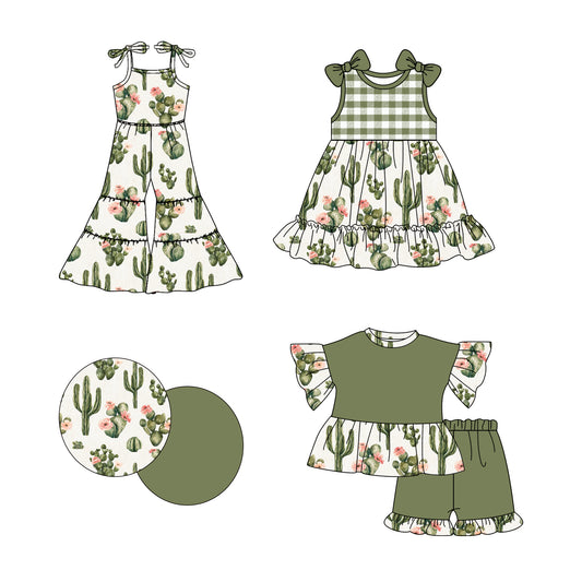 2.19 custom each style moq 5eta 4-6week Sibling Sister catcus baby girl sets and dress and jumpsuit match family design