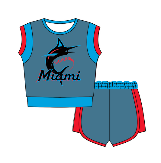 Custom moq 5 mix size milk silk summer teams Blue  Sleeveless O-Neck Top And Shorts Set Cute And Comfortable Kids' Outfit