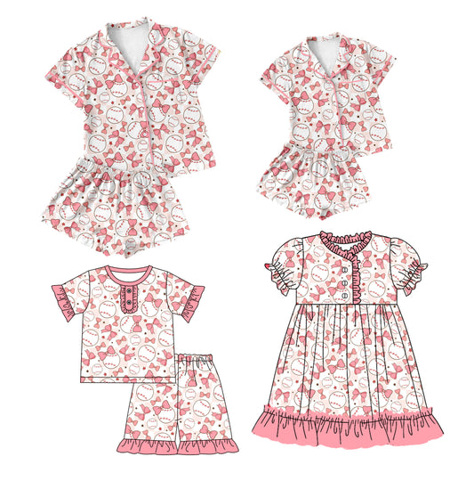 12.11 custom each style moq 5eta 4-6week Sibling Sister bow baseball baby girls short sleeve shorts sets and adult sets and girls sets and dress match design