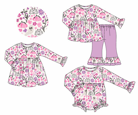 25.7.8 custom each style moq 5eta 4-6week Sibling Sisters ghost pumpkin floral baby girl long sleeve pants sets and dress and rompers match family design