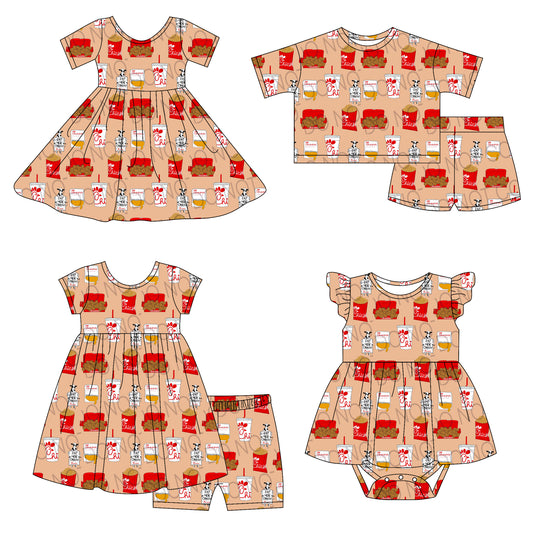 4.14 custom each style moq 5eta 4-6week Sibling Sisters baby girl short sleeve shorts sets 1 and sets 2 and dress and rompers match family design