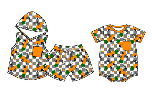11.6 custom each style moq 5eta 4-6week Sibling Sister easter orange baby boy short sleeve shorts sets and rompers match design